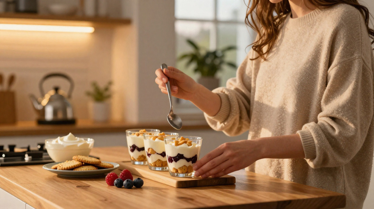 Pessoa decorando copos com sobremesa de iogurte, frutas vermelhas e bolachas em cozinha.
