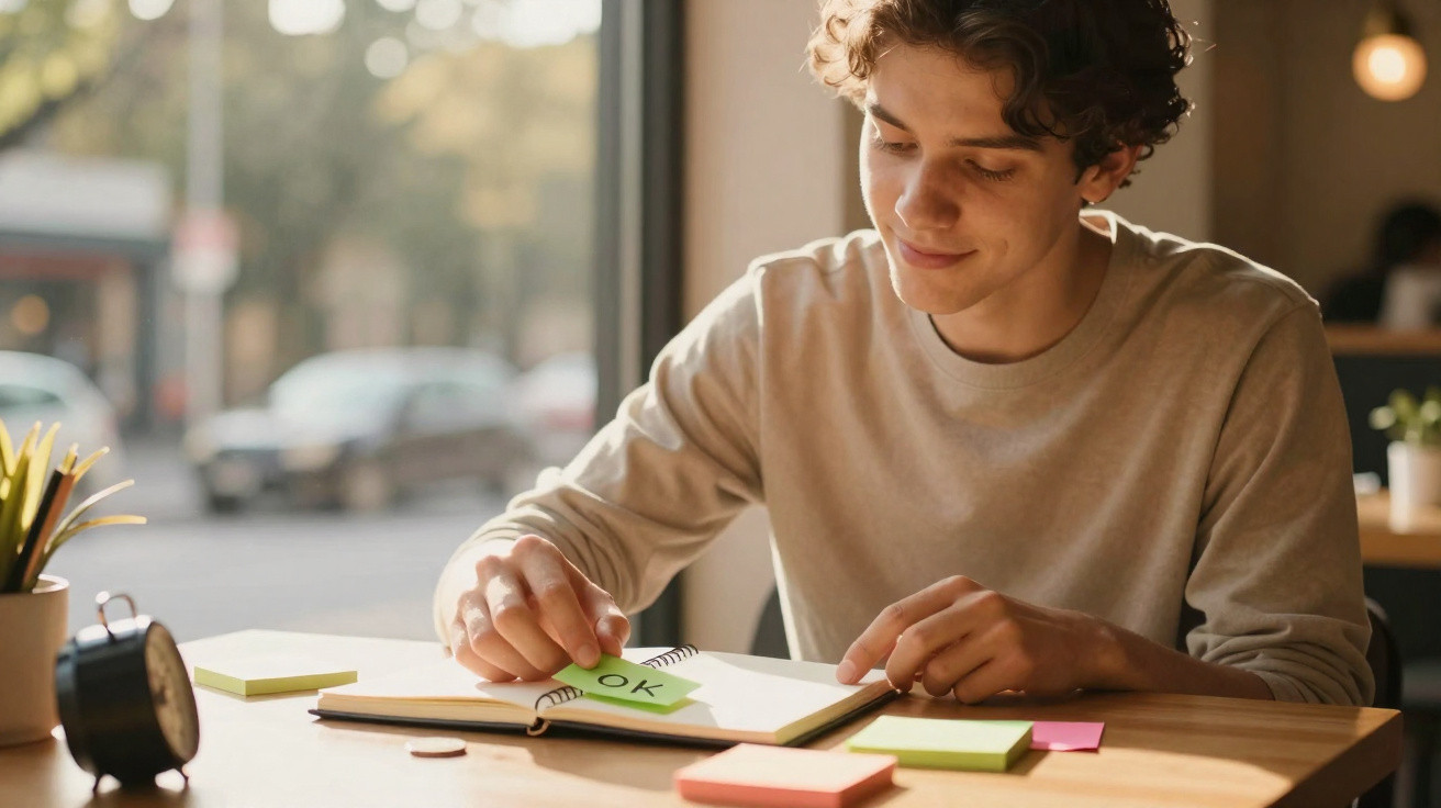 Jovem sentado à mesa escrevendo nota adesiva verde com "OK" em caderno, ao lado de bloco de anotações e relógio.