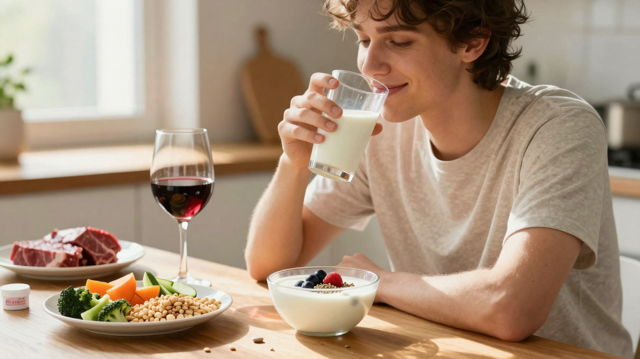 Jovem segurando copo de leite, mesa com frutas, vegetais, carne e vinho em cozinha iluminada.
