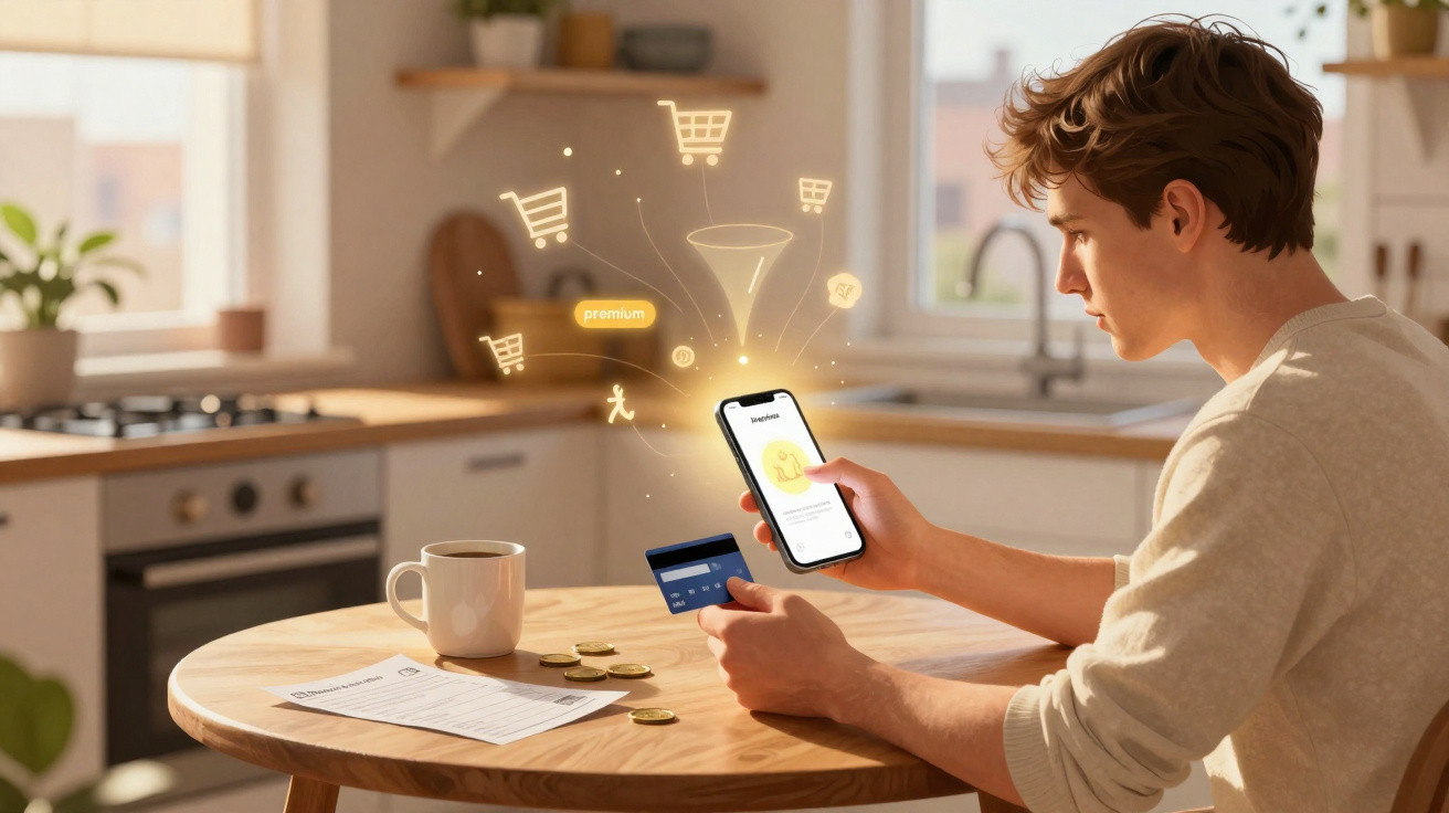 Homem usando celular e cartão de crédito para fazer compras online em mesa com xícara e moedas.