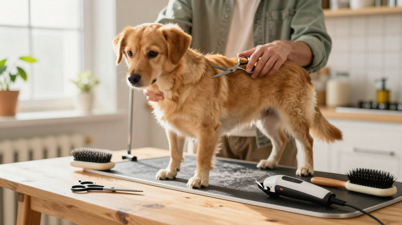 Cão sendo tosado em mesa de madeira, com acessórios de pet grooming ao fundo e pessoa cortando pelos.