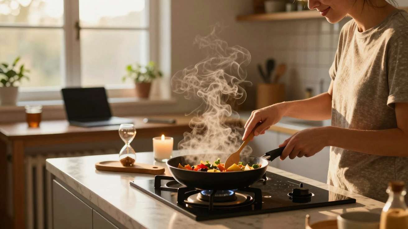 Mulher mexendo legumes em frigideira com vapor em fogão a gás na cozinha iluminada.