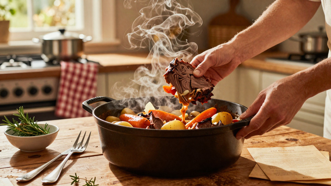 Mãos colocando carne em panela quente com batatas e cenouras cozinhando em cozinha iluminada.
