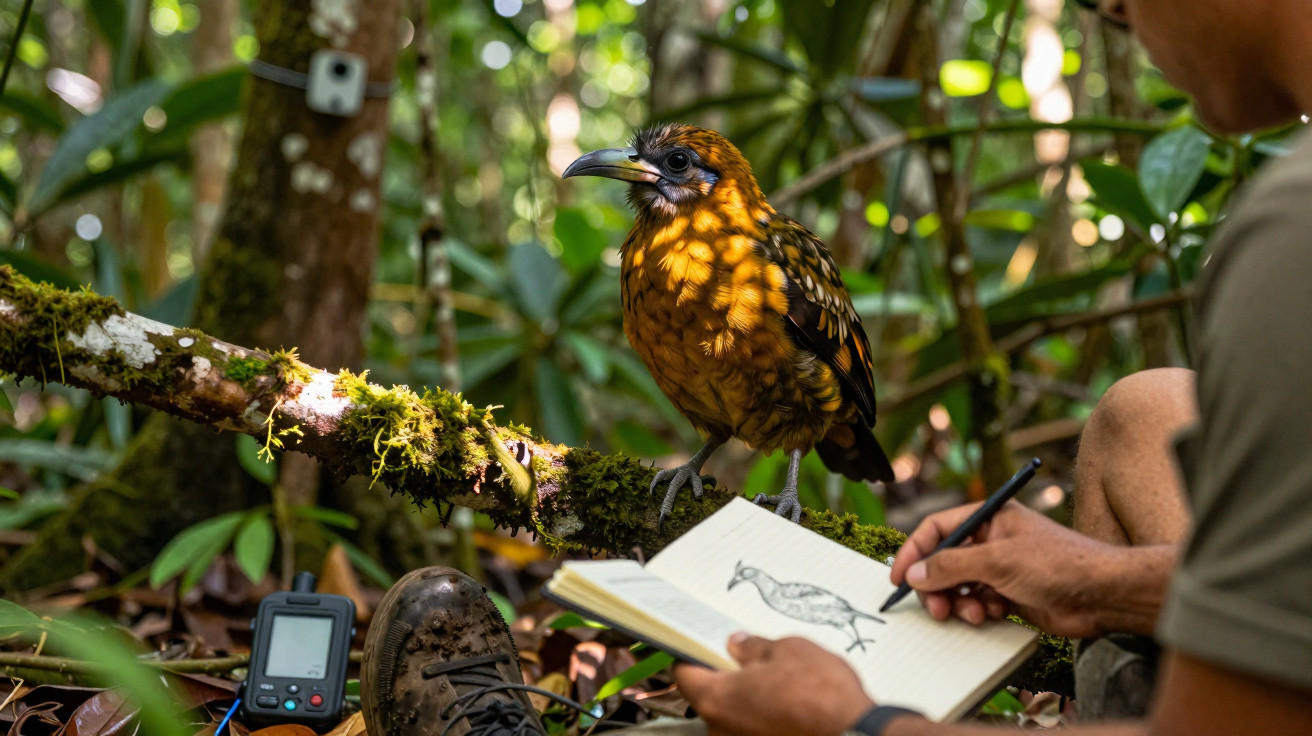 Pássaro laranja sobre galho enquanto pessoa desenha sua imagem em caderno em floresta.