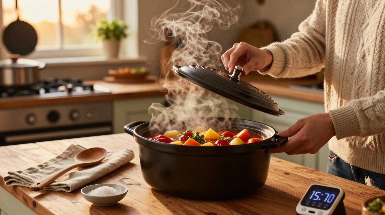 Pessoa retirando a tampa de panela com legumes cozinhando e vapor saindo na cozinha ensolarada.
