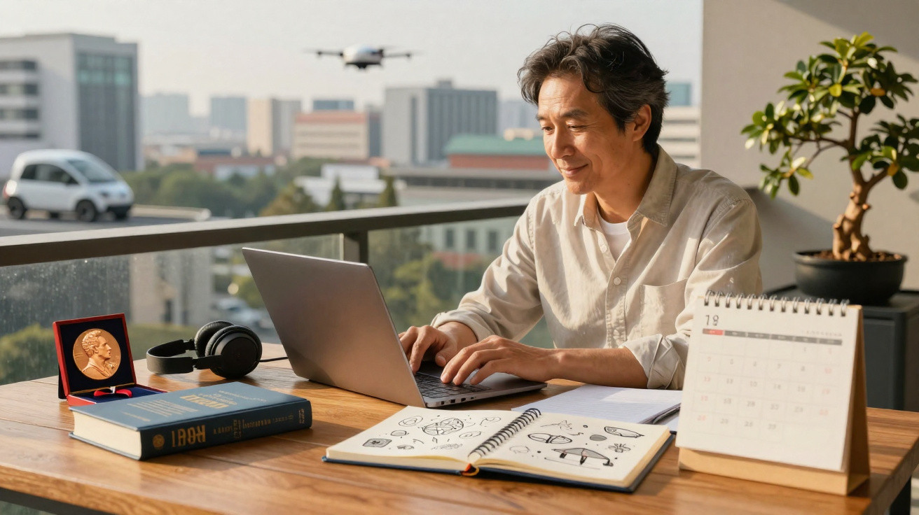 Homem sorridente usando laptop em mesa com livro, fones, medalha, caderno de desenhos e calendário.