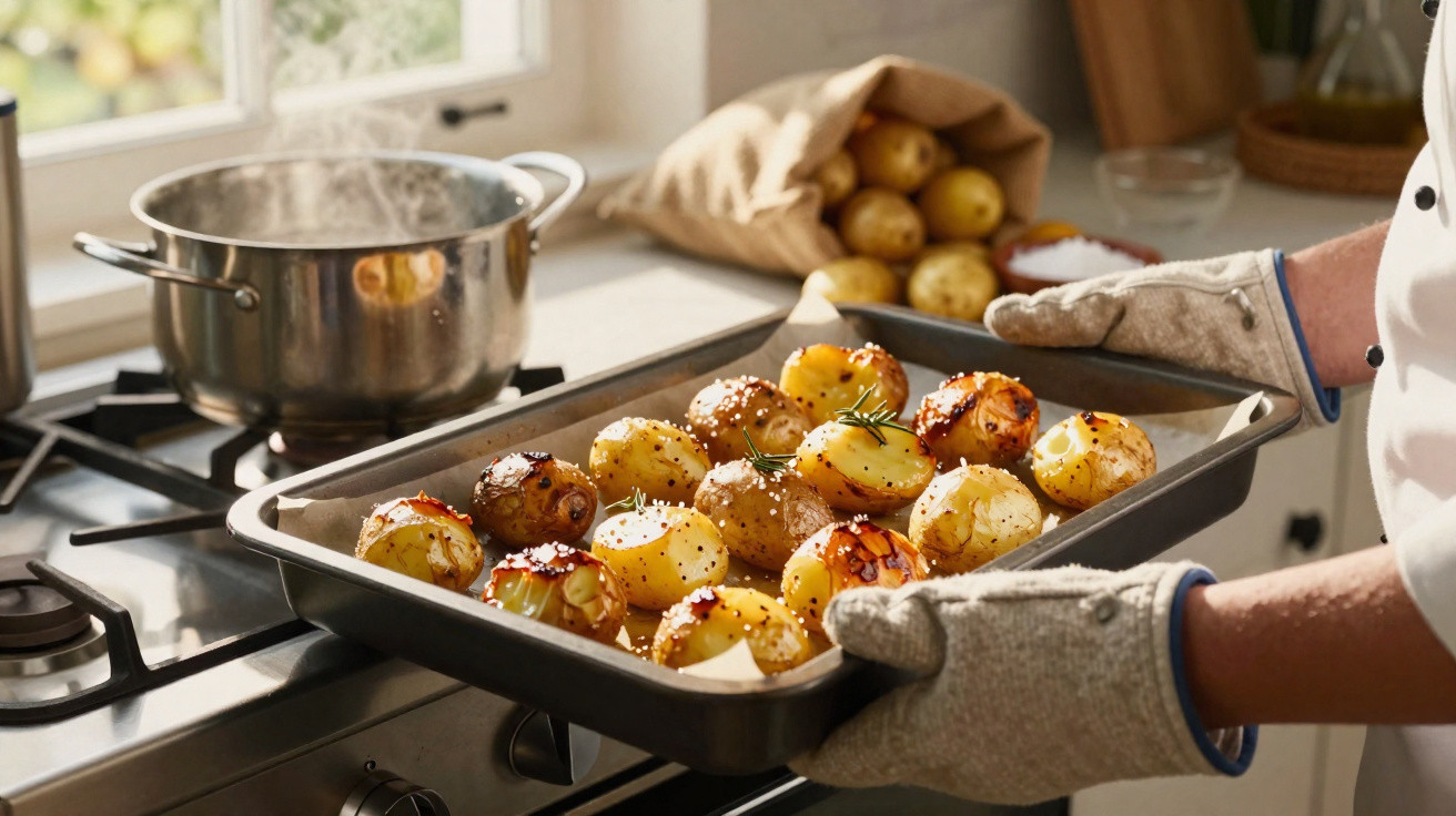 Pessoa segurando uma forma com batatas assadas douradas, perto do fogão com panela a vapor.