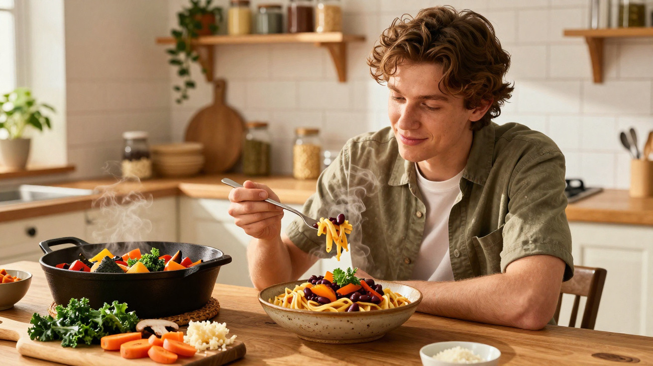 Homem sorrindo enquanto come prato de macarrão com legumes em cozinha iluminada.