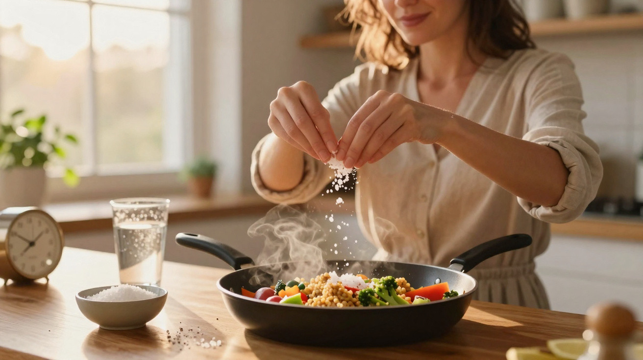 Mulher temperando legumes e grãos na frigideira em cozinha iluminada pela luz do dia.