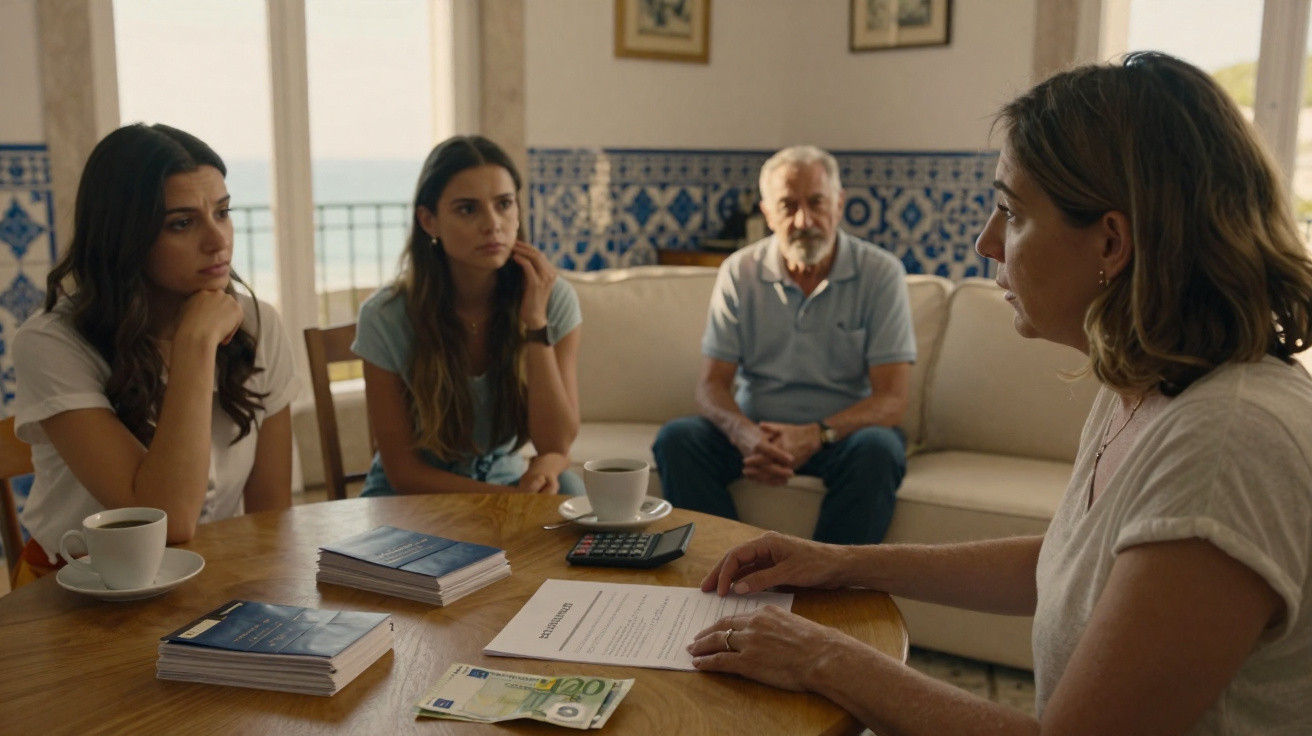 Quatro pessoas sentadas ao redor de uma mesa discutindo documentos e dinheiro em ambiente interno com azulejos azuis.