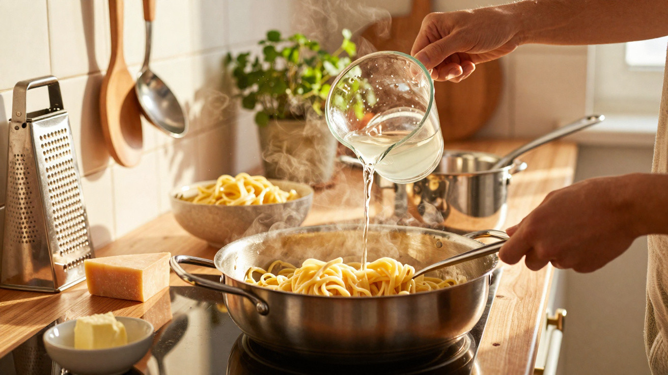 Pessoa adiciona água quente em panela com macarrão na cozinha iluminada e equipada.