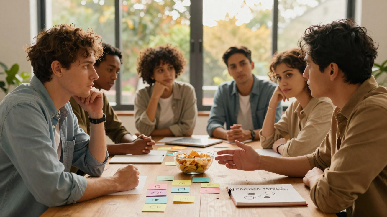 Grupo de jovens discutindo em reunião ao redor de mesa com post-its e caderno em sala iluminada.