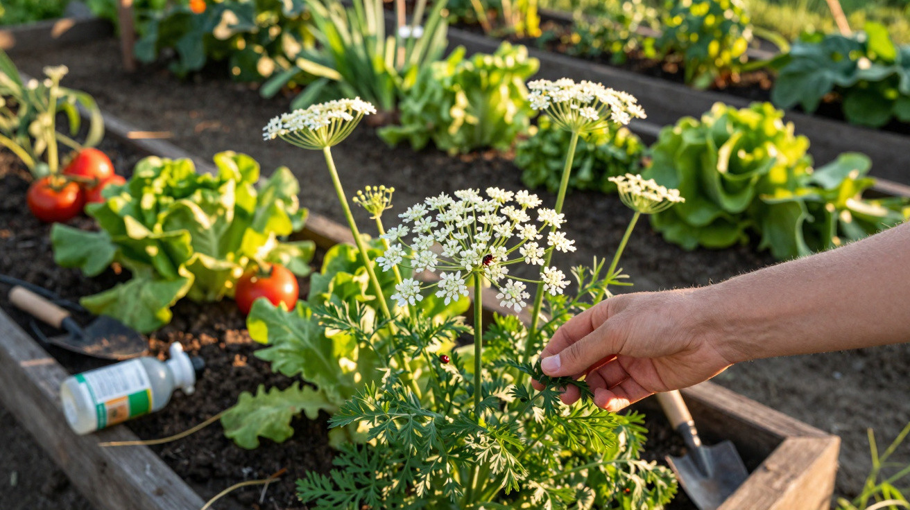 Mão colhendo erva daninha em jardim com flores brancas e hortaliças em cultivo elevado.