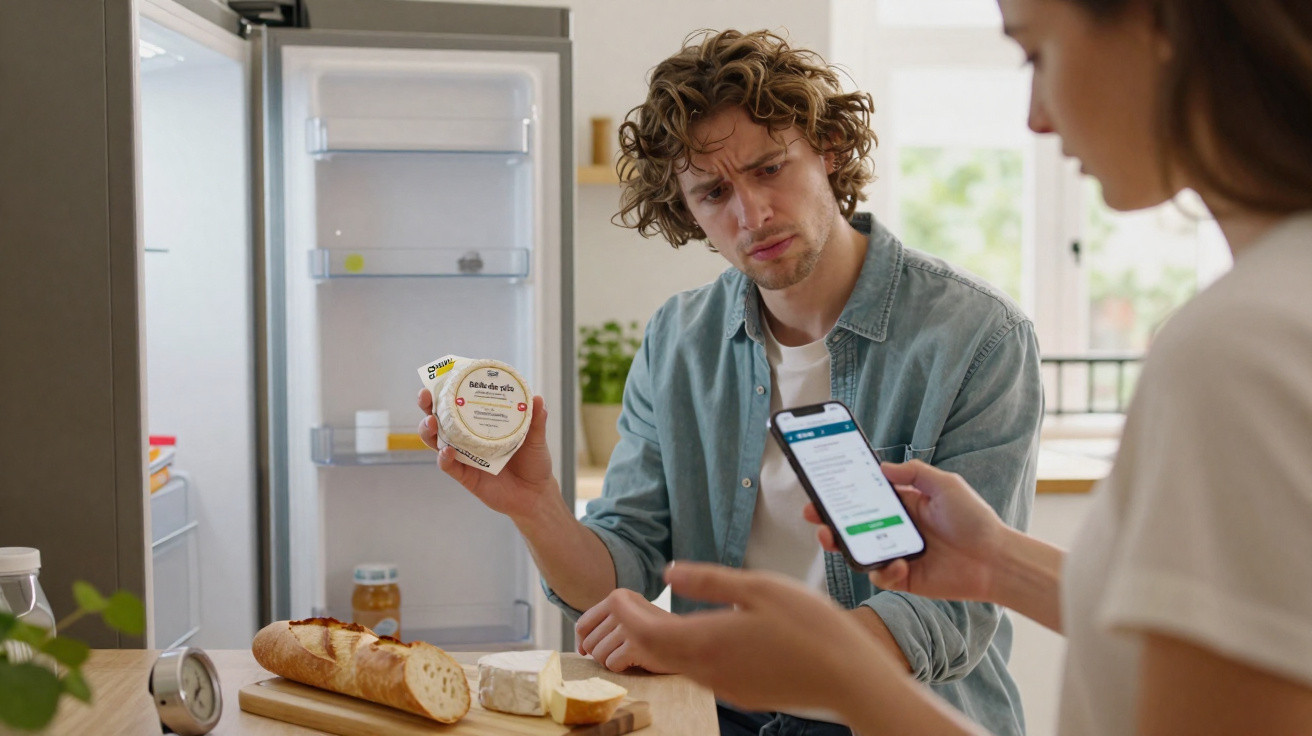 Jovem segurando queijo e consultando ingredientes no rótulo enquanto outra pessoa usa celular na cozinha.