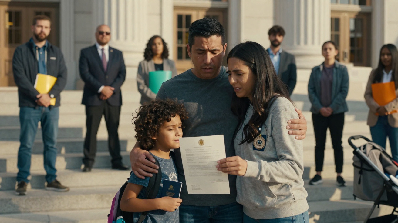 Família emocionada lê documento na frente de tribunal com várias pessoas ao fundo em clima sério.