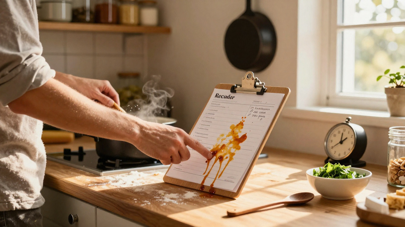 Mãos segurando e apontando um cardápio manchado com molho em uma cozinha iluminada.