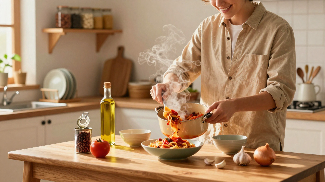 Pessoa servindo espaguete com tomates e azeite em uma cozinha iluminada e organizada.