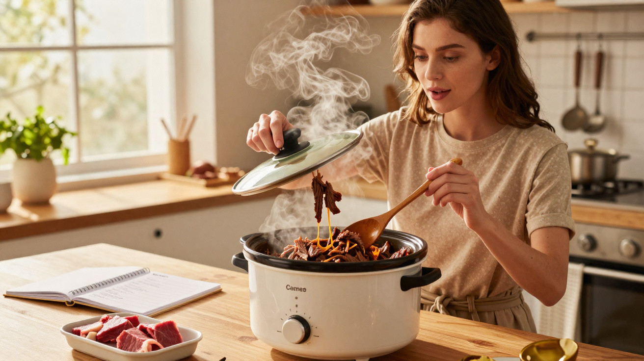 Mulher cozinhando carne em panela elétrica enquanto segura tampa e mexe com colher de pau.