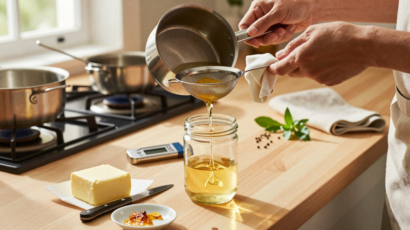 Pessoa coando mel de panela para vidro em cozinha com fogão, manteiga e prato com temperos na bancada.
