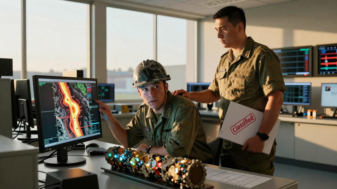 Dois homens em uniforme militar analisando imagem de mapa tático em computador em sala de controle.