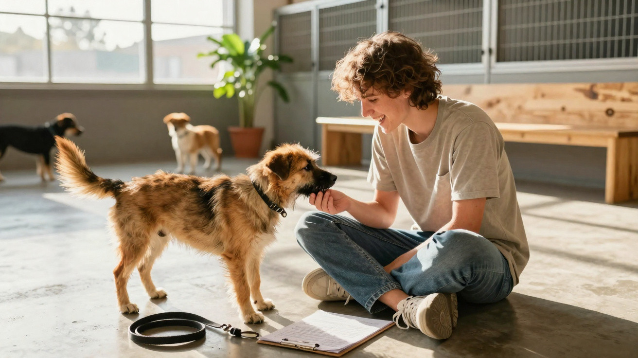 Pessoa sorrindo sentada no chão acariciando um cachorro em ambiente interno iluminado.