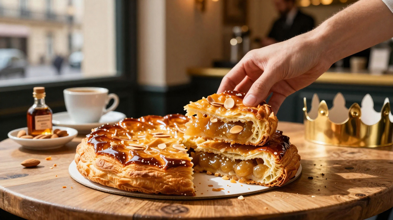 Pessoa pegando fatia de torta folhada recheada com creme e decorada com amêndoas em mesa de madeira.