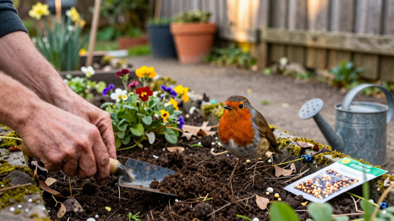 Mãos plantando no solo com pá de jardim, pássaro vermelho e sementes coloridas ao lado.