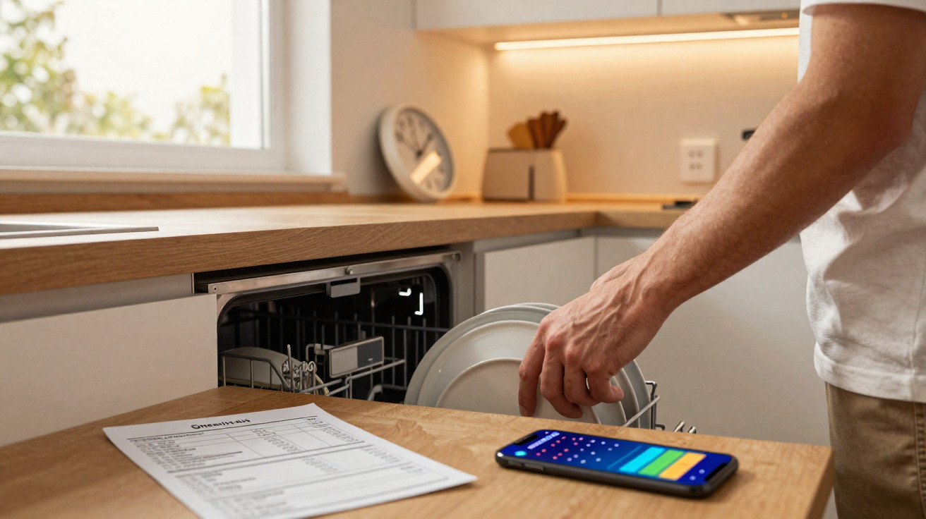 Pessoa carregando prato em máquina de lavar louça na cozinha com lista e celular na mesa.