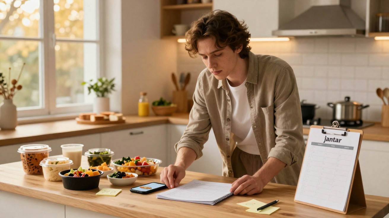 Jovem planejando refeições na cozinha com comidas saudáveis e agenda de jantar na mesa.