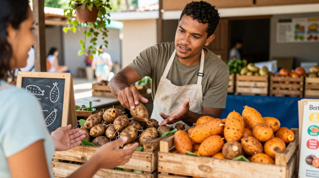 Homem atendendo cliente e mostrando raízes orgânicas à venda em feira ao ar livre.