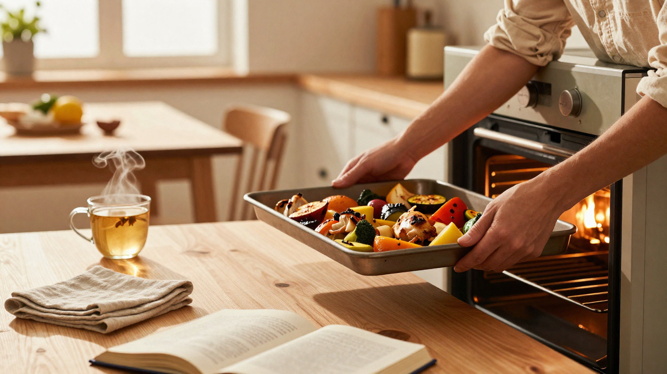Pessoa retirando assadeira com legumes assados do forno em cozinha iluminada e organizada.