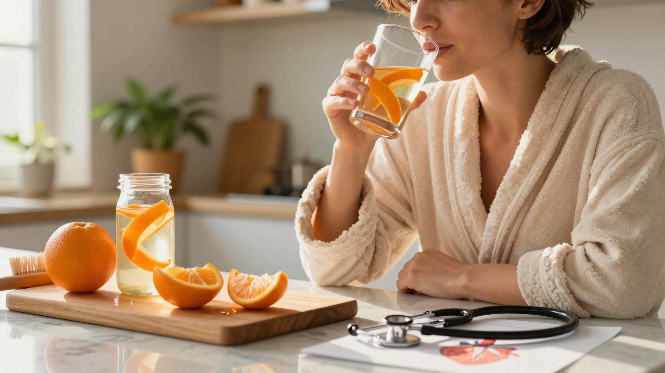 Pessoa em roupão bebendo água com laranja, ao lado de frutas e estetoscópio em bancada branca.