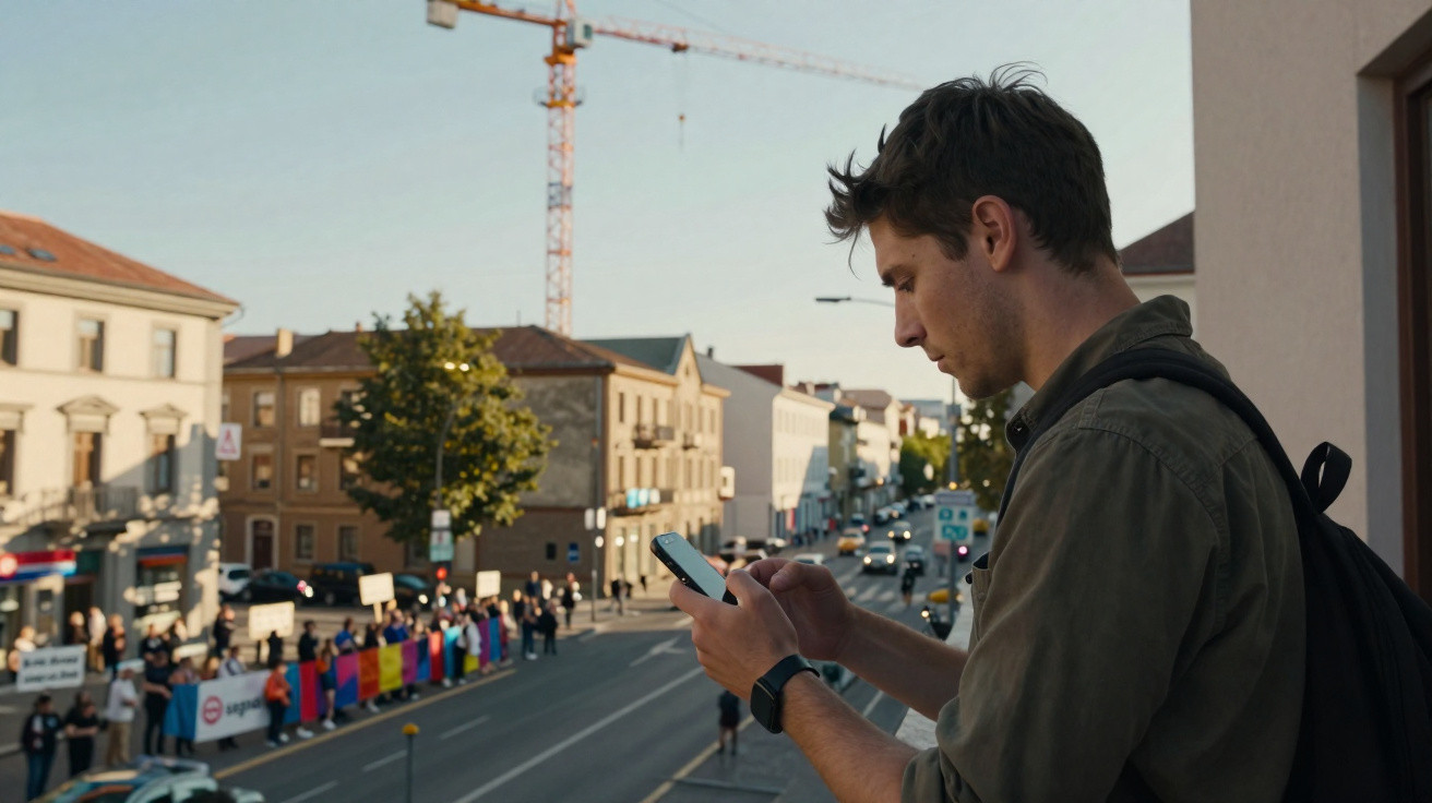 Homem usando mochila e smartwatch mexe no celular em rua com protesto ao fundo em cidade.
