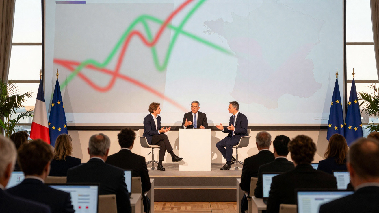 Conferência com três homens sentados no palco e audiência em ambiente formal com bandeiras da França e UE.