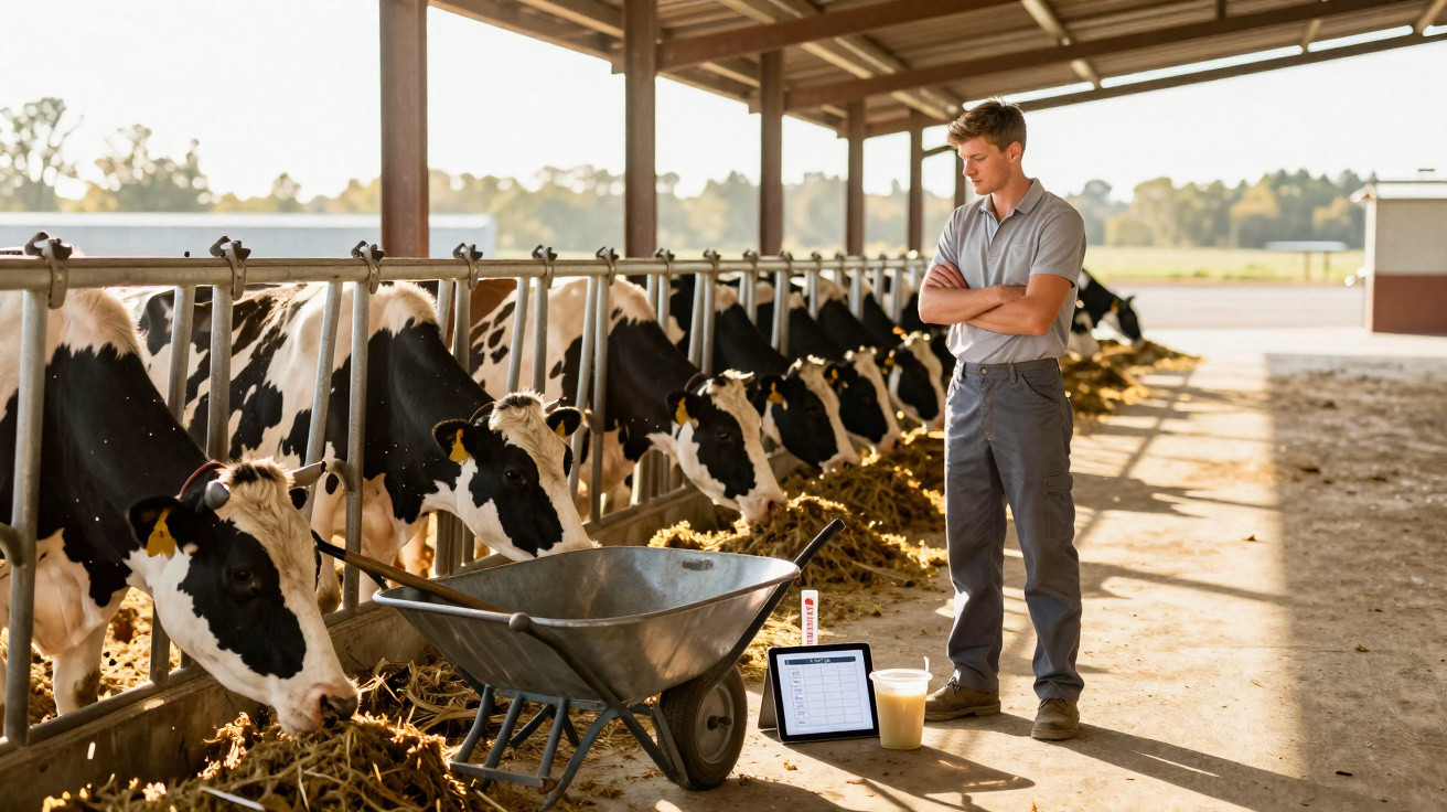 Homem observa vacas leiteiras em estábulo com carrinho de mão e dispositivo digital no chão.