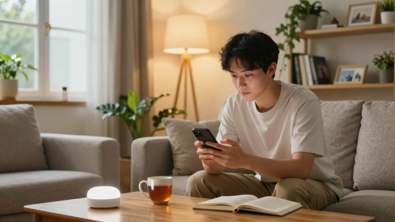 Jovem sentado no sofá usando smartphone com livro aberto e xícara de chá sobre a mesa de madeira.