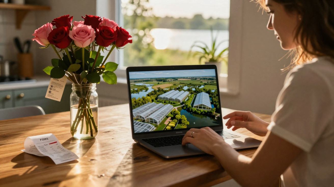 Mulher usando notebook em mesa de madeira com vaso de rosas vermelhas e rosas ao lado em ambiente iluminado.