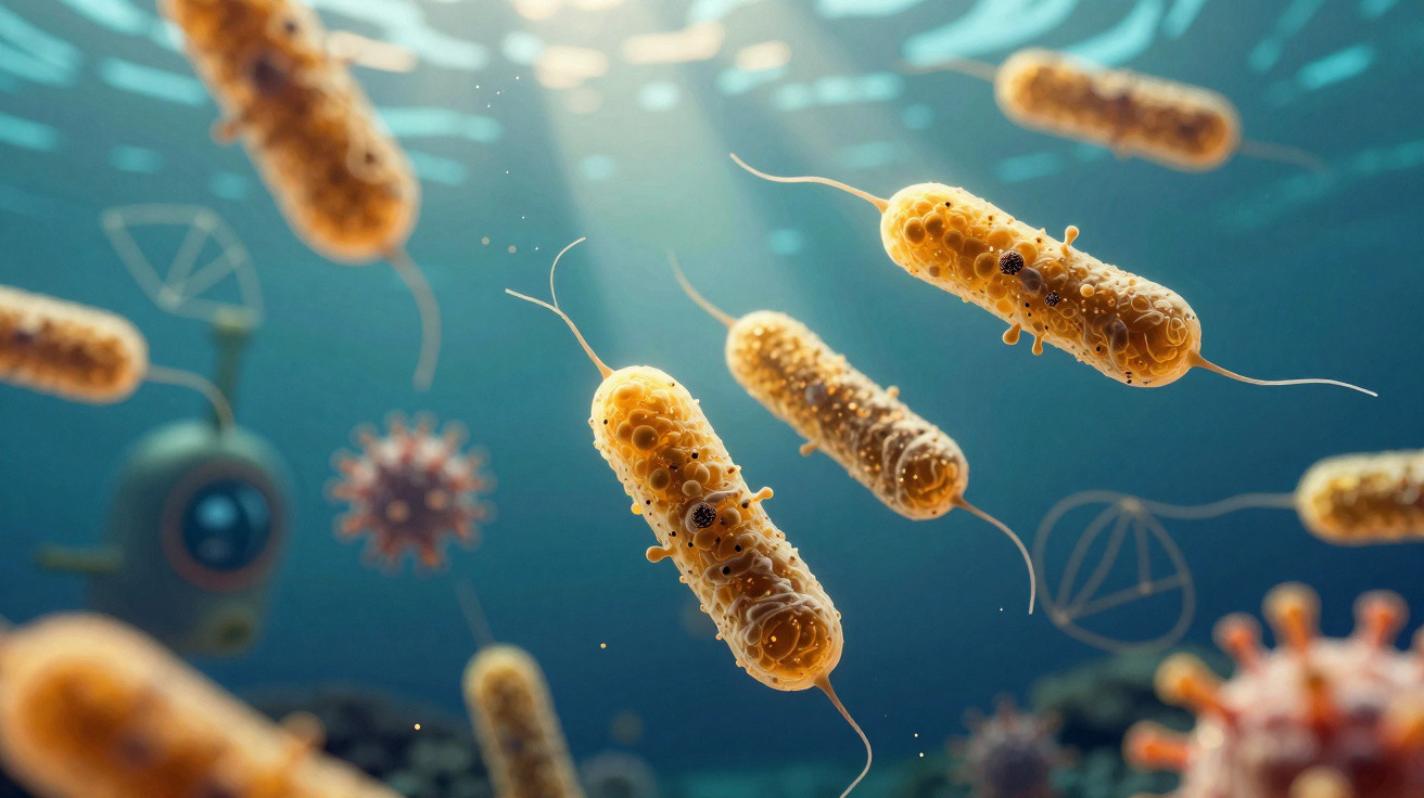 Bactérias laranjas cilíndricas com flagelos em ambiente microscópico azul esverdeado.