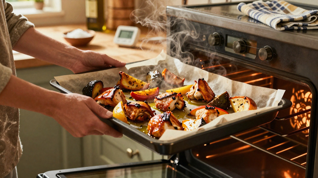 Pessoa retirando assadeira com pedaços de frango e legumes assados de forno quente em cozinha.