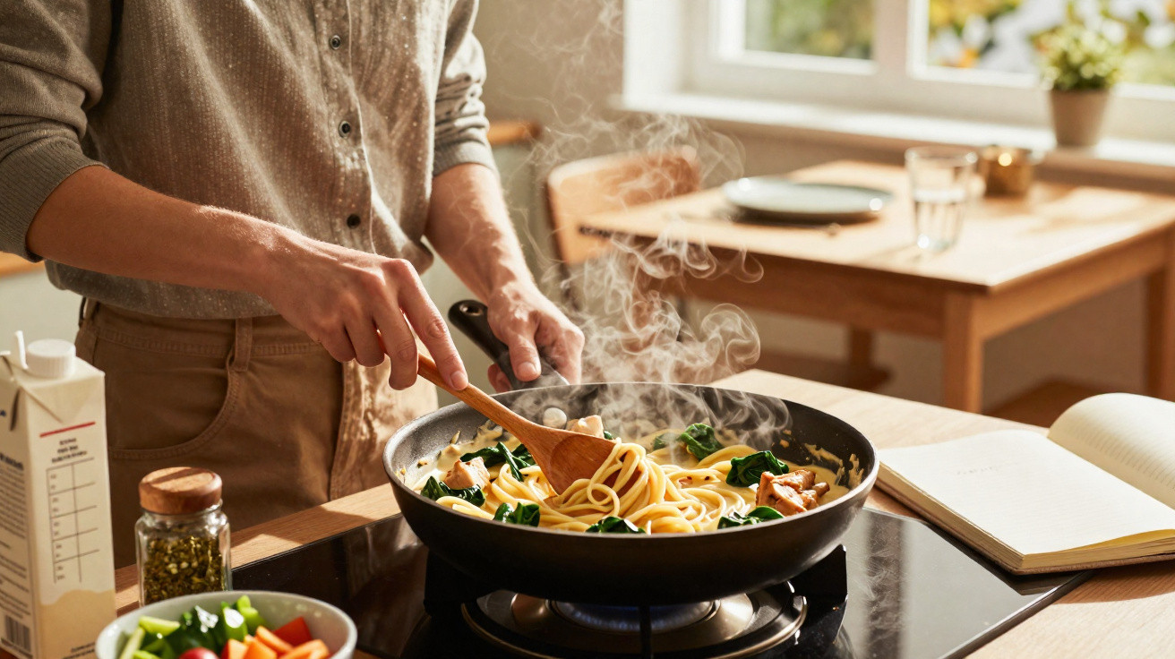 Pessoa mexendo macarrão com legumes em panela quente na cozinha ensolarada.