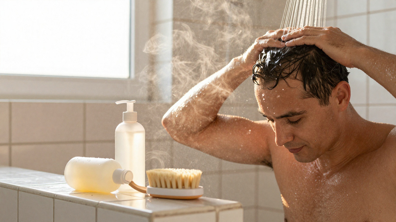 Homem tomando banho quente, lavando o cabelo com vapor visível no ambiente do banheiro.