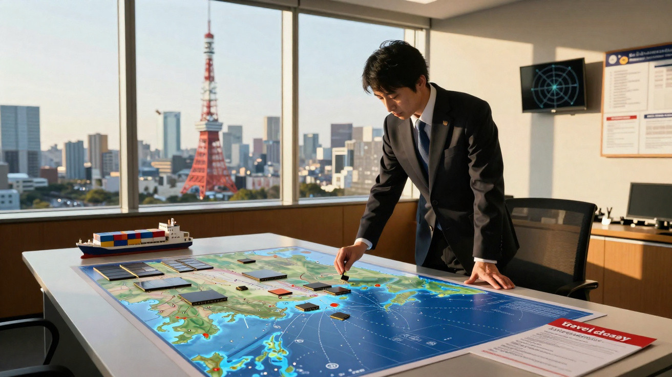 Homem de terno analisando mapa tático em mesa com modelo de navio, vista da Torre de Tóquio ao fundo.