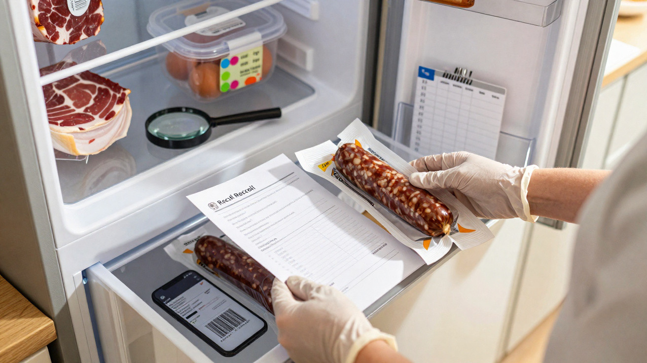 Pessoa com luvas segurando salsichas embaladas e documento de recall dentro da geladeira aberta.