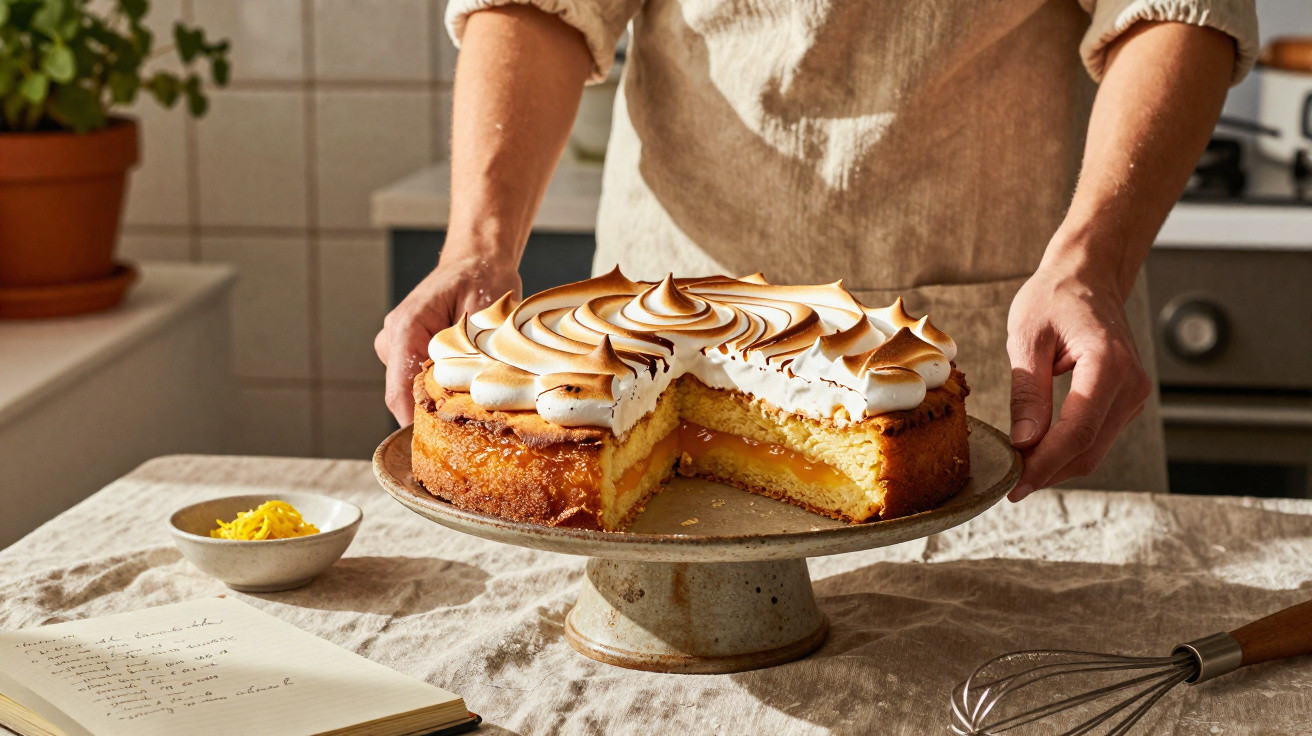 Pessoa segurando bolo de limão com cobertura de merengue em mesa com livro de receitas e batedor.