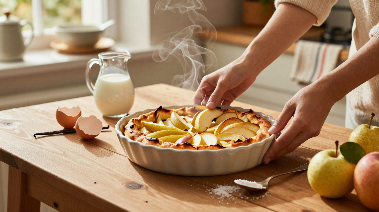 Mãos segurando uma torta de maçã recém-assada e quente sobre mesa de madeira com ingredientes ao redor.