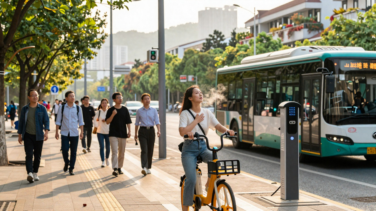 Jovem mulher de bicicleta amarela exalando vapor, com pedestres caminhando e ônibus ao fundo em rua urbana ensolarada.