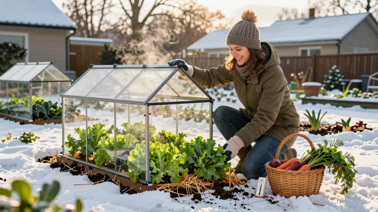 Mulher cuidando de plantas em estufa pequena no jardim coberto de neve durante o inverno.