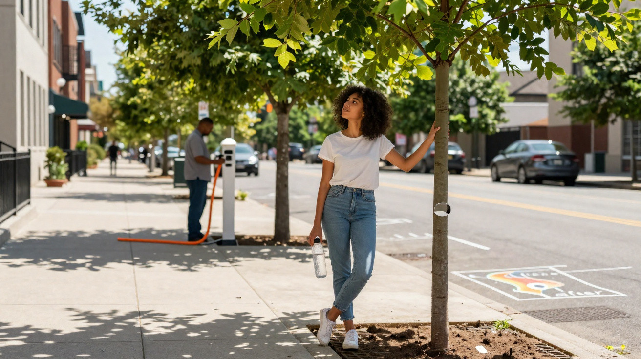 Mulher jovem com camiseta branca e jeans encostada em árvore na calçada de rua urbana ensolarada.