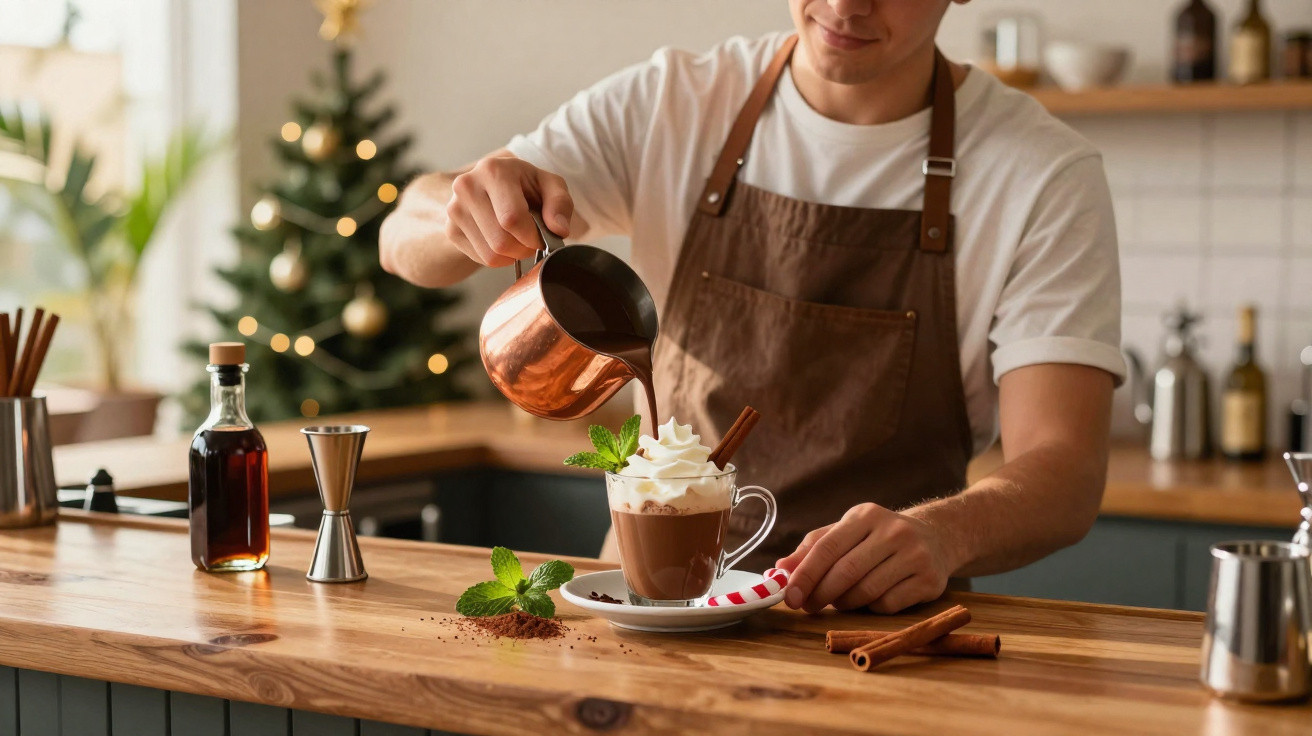 Barista preparando chocolate quente com chantili e canela em xícara na bancada de madeira.