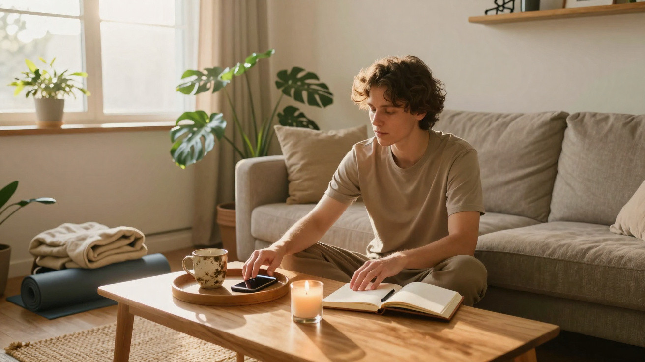 Jovem sentado no chão da sala, lendo um livro ao lado de vela acesa, xícara e celular sobre mesa de madeira.